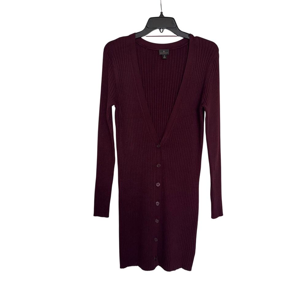 Worthington Womens M Burgundy Ribbed Knit Button Front Midi Cardigan Dress